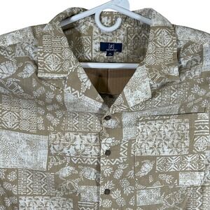 George Mens Tan Global Print Cotton Linen Blend Camp Shirt 2XL New